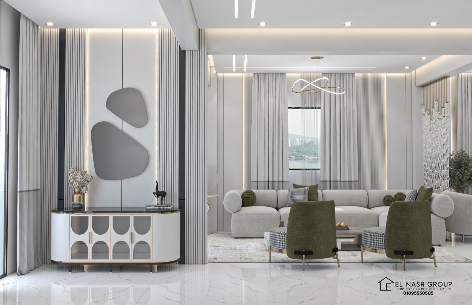 صالون رخام أخضر بلمسة ذهبية — تصميم 3D — تفاصيل الخامات والملمس الدافئ