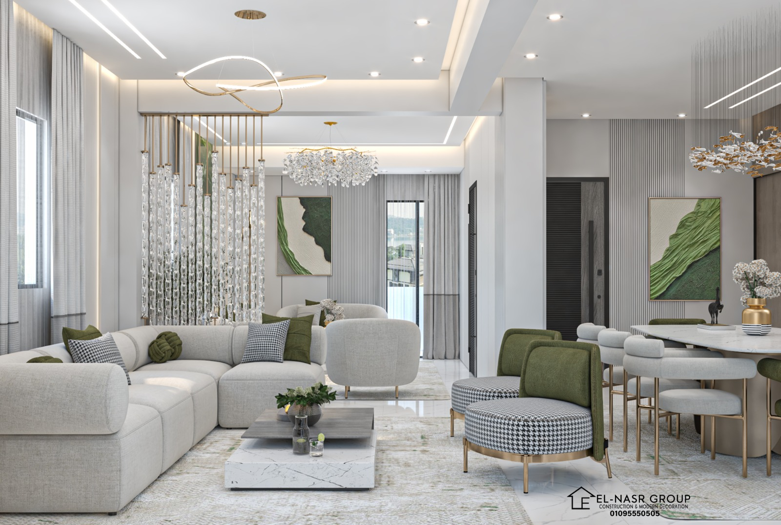 غرفة سفرة أبيض وأخضر بلمسة ذهبية — تصميم 3D — تفاصيل الخامات والملمس الدافئ