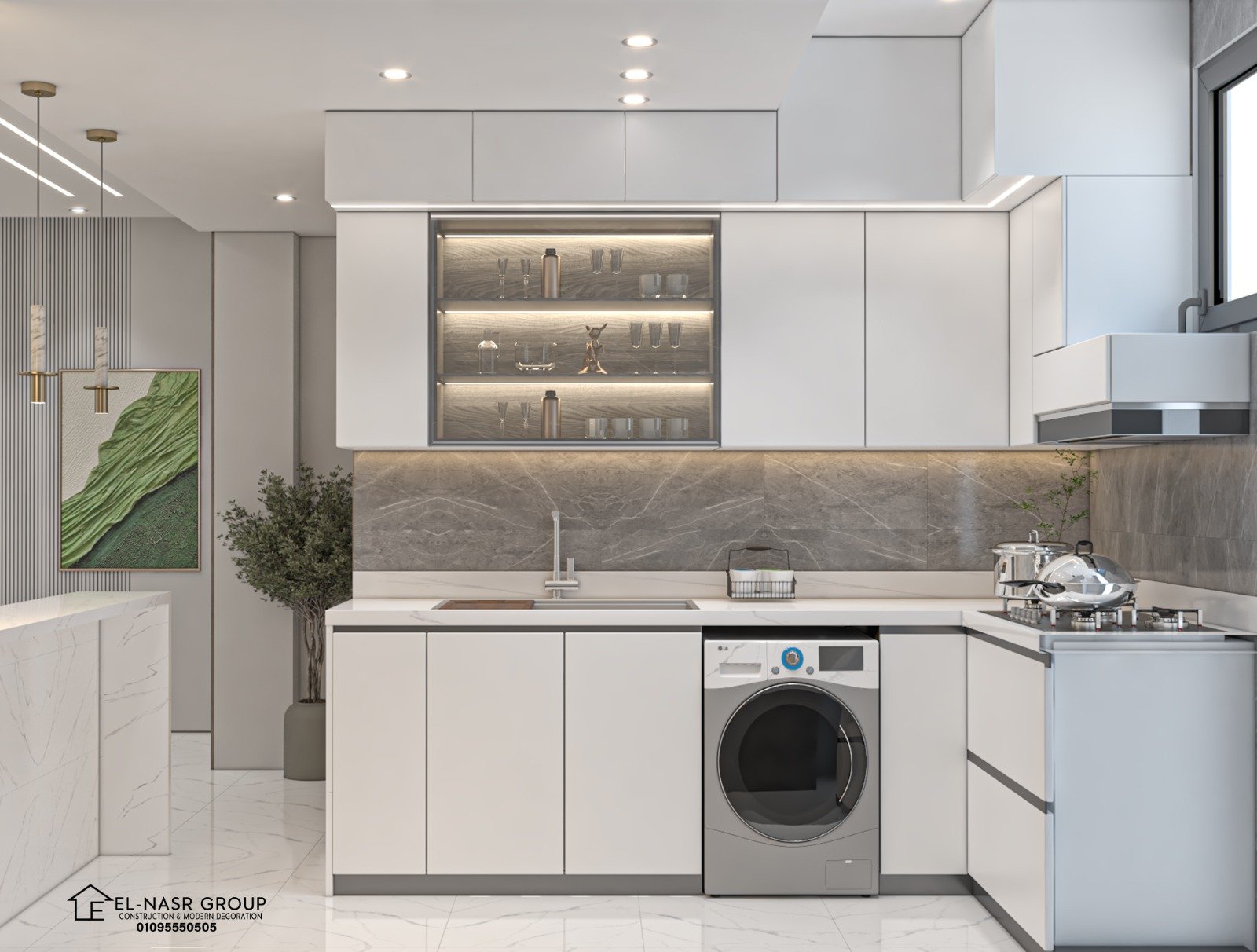 مطبخ مودرن أبيض بخلفية رخام — تصميم 3D — تفاصيل الخامات والملمس الدافئ