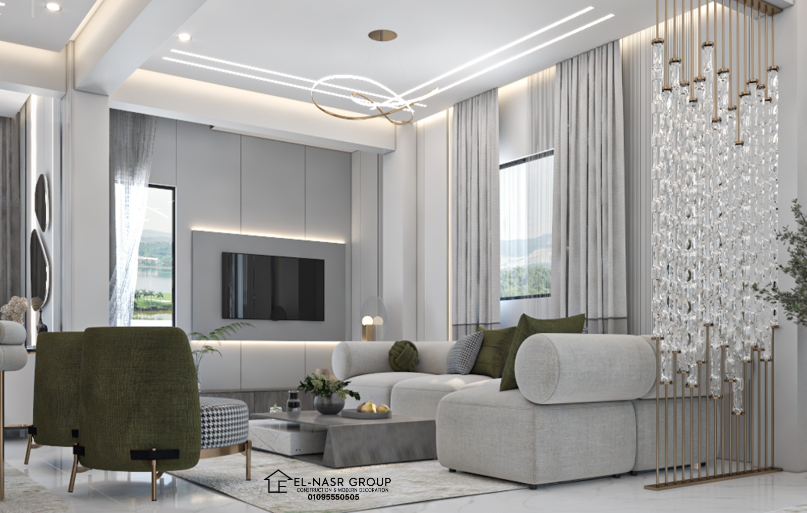 صالة معيشة بفاصل كريستالى ذهبى — تصميم 3D
