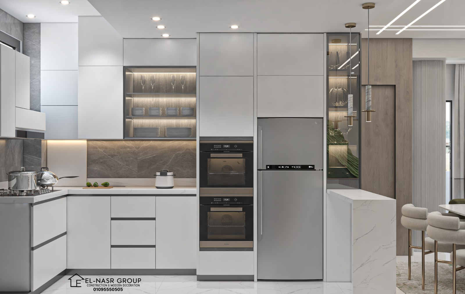 مطبخ مودرن أبيض بخلفية رخام — تصميم 3D