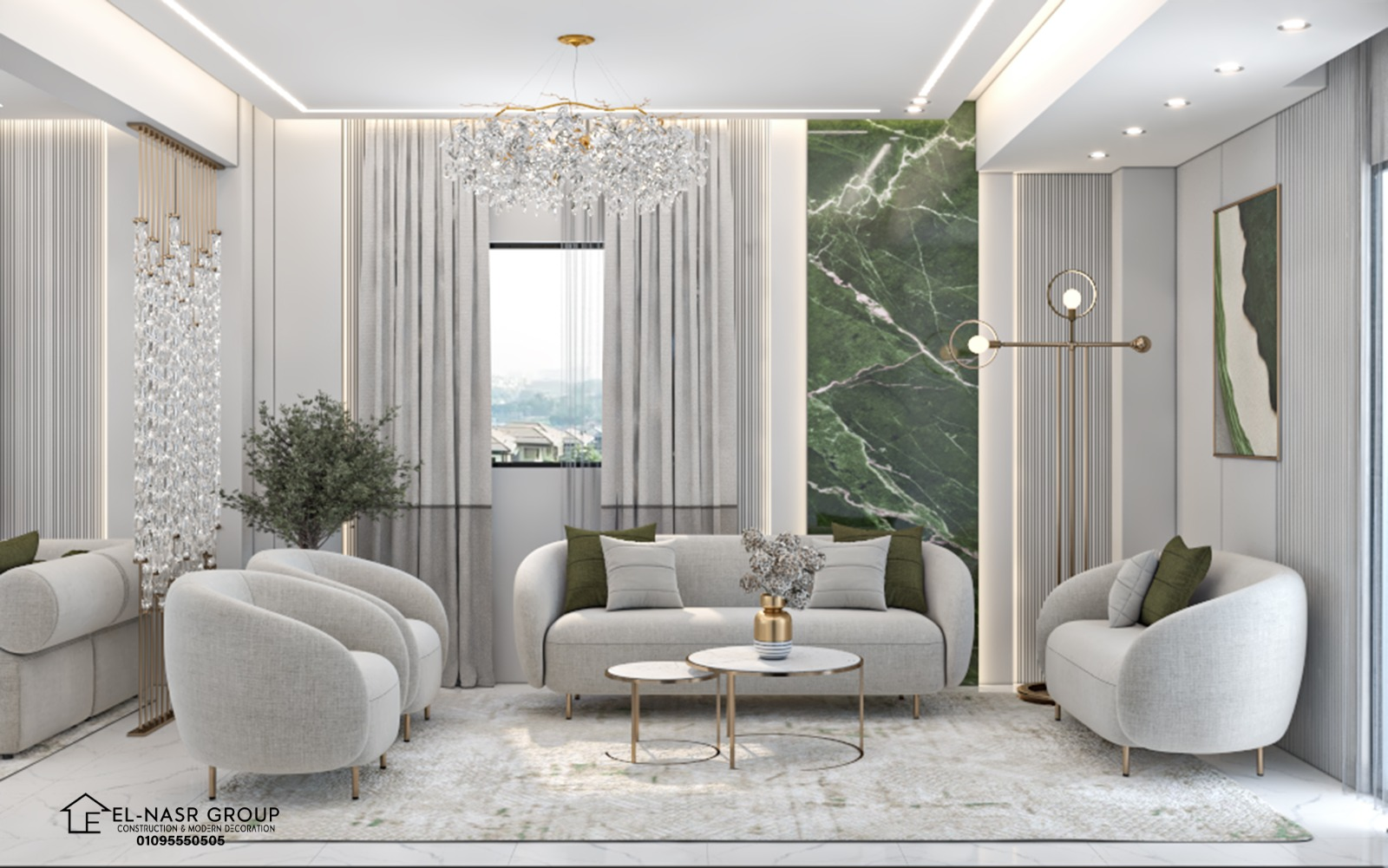 صالون رخام أخضر بلمسة ذهبية — تصميم 3D
